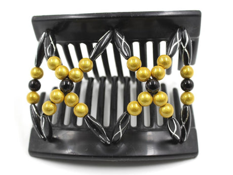 African Butterfly Dalena Black Hair Comb 151 - black, marigold magic beads, black with silver etched beads, shown open, white background