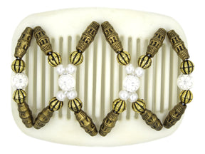 African Butterfly Hair Comb - Dalena White 16 - white silver etched flower beads, white pearl beads, antique brass beads, white background

