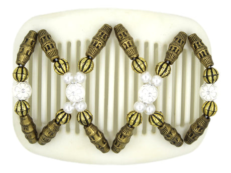 African Butterfly Hair Comb - Dalena White 16 - white silver etched flower beads, white pearl beads, antique brass beads, white background

