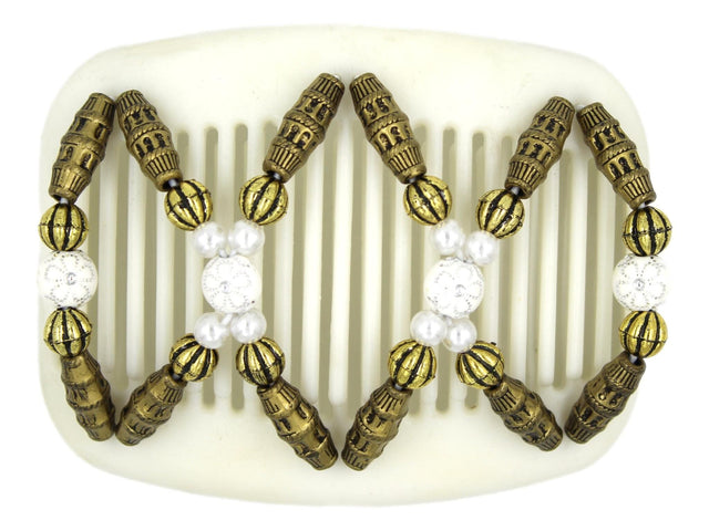 African Butterfly Hair Comb - Dalena White 16 - white silver etched flower beads, white pearl beads, antique brass beads, white background

