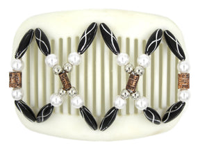 African Butterfly Hair Comb - Dalena White 17 - copper center beads, silver beads, white pearl beads, black with silver etched beads, white background