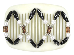 African Butterfly Hair Comb - Dalena White 17 - copper center beads, silver beads, white pearl beads, black with silver etched beads, white background