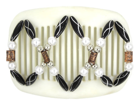 African Butterfly Hair Comb - Dalena White 17 - copper center beads, silver beads, white pearl beads, black with silver etched beads, white background