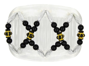 African Butterfly Hair Comb - Dalena Clear 149 - black, gold & silver beads, white background