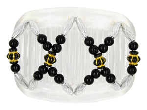 African Butterfly Hair Comb - Dalena Clear 149 - black, gold & silver beads, white background