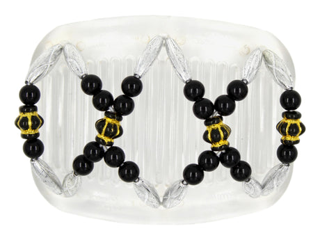 African Butterfly Hair Comb - Dalena Clear 149 - black, gold & silver beads, white background