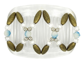 African Butterfly Hair Comb - Dalena Clear 150 - powder blue ombré berry beads, silver, clear crystal, antique brass etched barrel beads, white background
