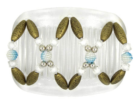 African Butterfly Hair Comb - Dalena Clear 150 - powder blue ombré berry beads, silver, clear crystal, antique brass etched barrel beads, white background
