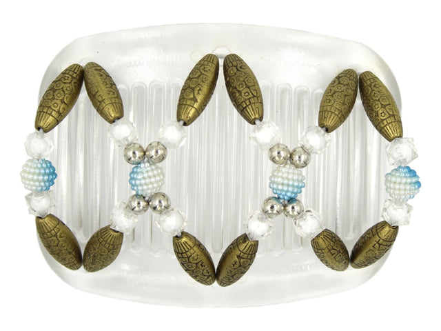 African Butterfly Hair Comb - Dalena Clear 150 - powder blue ombré berry beads, silver, clear crystal, antique brass etched barrel beads, white background