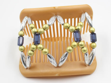 African Butterfly Hair Comb - Dalena Blonde Pearl 27 - midnight blue translucent, gold crackle and silver beads on a blonde pearl comb base, shown open, white background