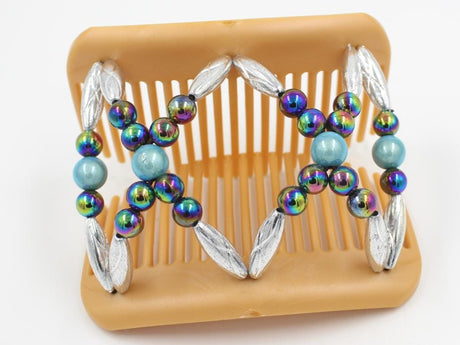 African Butterfly Hair Comb - Dalena Blonde Pearl 28 - aqua blue, rainbow and silver beads on a blonde pearl comb base, shown open, white background