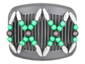 African Butterfly Hair Comb - Dalena Black Pearl 24 - charcoal gray magic beads, bright green pearl beads, solid silver beads, white background