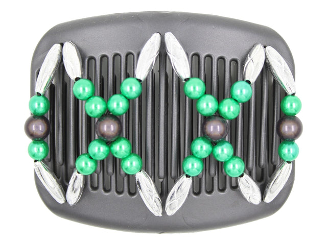 African Butterfly Hair Comb - Dalena Black Pearl 24 - charcoal gray magic beads, bright green pearl beads, solid silver beads, white background