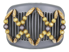 African Butterfly Hair Comb - Dalena Black Pearl 25 - charcoal gray magic beads, golden brown acrylic beads, copper beads, silky black pearl comb base, white background