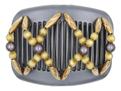 African Butterfly Hair Comb - Dalena Black Pearl 25 - charcoal gray magic beads, golden brown acrylic beads, copper beads, silky black pearl comb base, white background