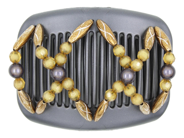 African Butterfly Hair Comb - Dalena Black Pearl 25 - charcoal gray magic beads, golden brown acrylic beads, copper beads, silky black pearl comb base, white background