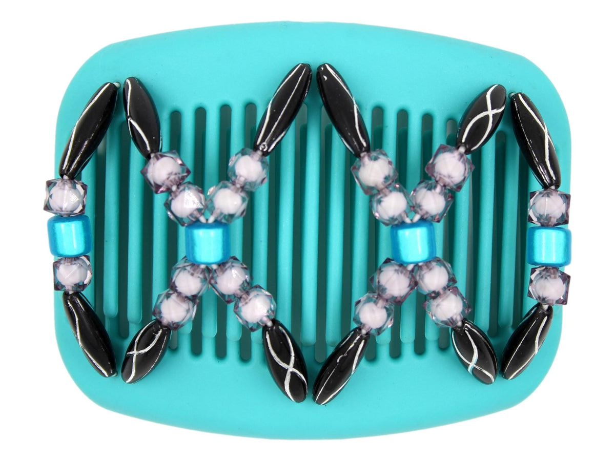 African Butterfly Hair Comb - Dalena Turquoise 19 - aqua blue magic beads, light gray translucent beads, black and silver beads, white background