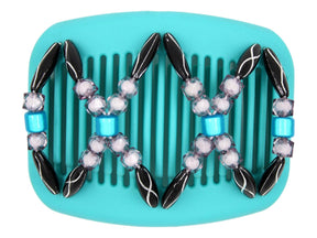 African Butterfly Hair Comb - Dalena Turquoise 19 - aqua blue magic beads, light gray translucent beads, black and silver beads, white background