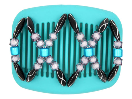 African Butterfly Hair Comb - Dalena Turquoise 19 - aqua blue magic beads, light gray translucent beads, black and silver beads, white background
