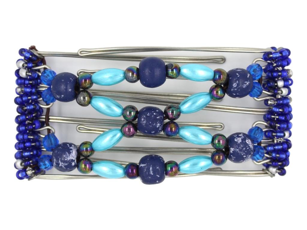 African Butterfly Wire Hair Clip - 5 Tong 427 - hair clip with blue and turquoise beads on a white background