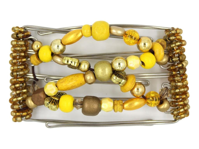African Butterfly Wire Hair Clip - 5 Tong 427 - hair clip with yellow and gold beads on a white background