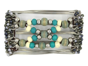 African Butterfly Wire Hair Clip - 5 Tong 429 - beaded hair clip with blue, cream, aqua and gunmetal beads on a white background