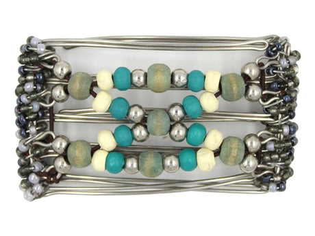 African Butterfly Wire Hair Clip - 5 Tong 429 - beaded hair clip with blue, cream, aqua and gunmetal beads on a white background