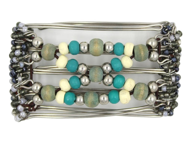 African Butterfly Wire Hair Clip - 5 Tong 429 - beaded hair clip with blue, cream, aqua and gunmetal beads on a white background