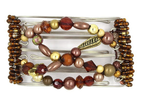 African Butterfly Wire Hair Clip - 5 Tong 430 - decorative hair clip with brown and gold beads on a white background