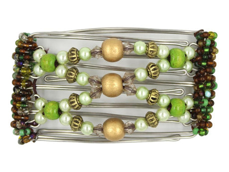 African Butterfly Wire Hair Clip - 5 Tong 431 - hair clip with green and gold beads on a white background