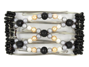 African Butterfly Wire Hair Clip - 5 Tong 434 - hair clip with black, white, and gold beads on a white background