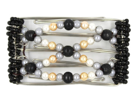 African Butterfly Wire Hair Clip - 5 Tong 434 - hair clip with black, white, and gold beads on a white background