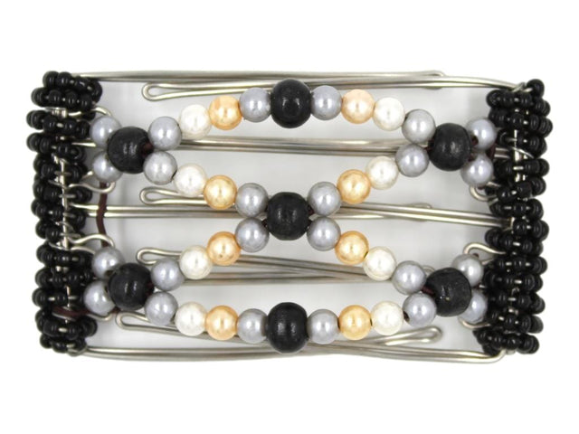 African Butterfly Wire Hair Clip - 5 Tong 434 - hair clip with black, white, and gold beads on a white background