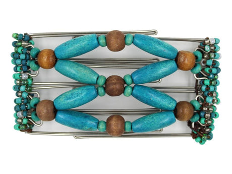 African Butterfly Wire Hair Clip - 5 Tong 435 - Beaded hair clip with turquoise, teal & dark brown wooden accents on a white background