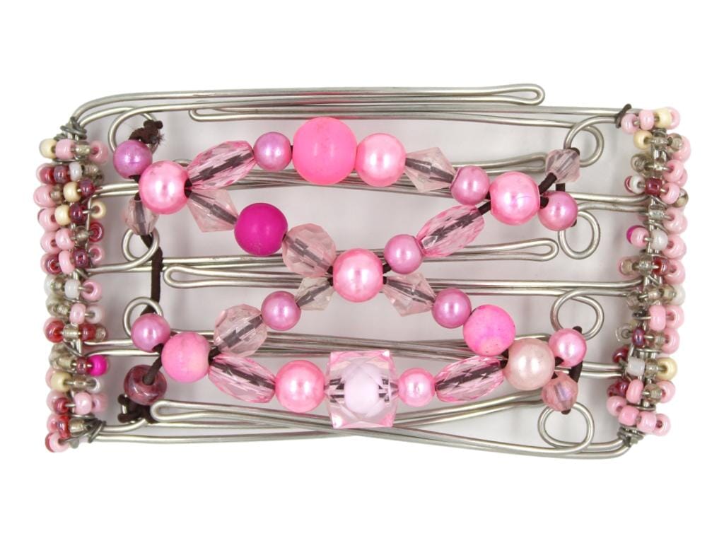 African Butterfly Wire Hair Clip - 5 Tong 436 - hair clip with pink and clear beads on a white background