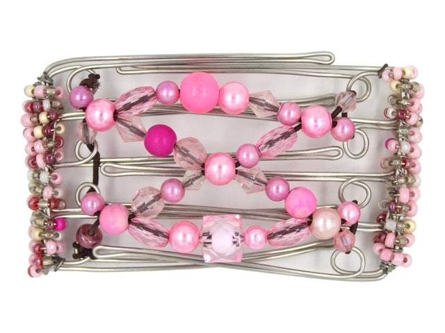 African Butterfly Wire Hair Clip - 5 Tong 436 - hair clip with pink and clear beads on a white background