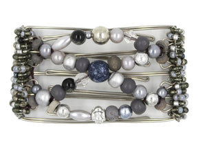 African Butterfly Wire Hair Clip - 5 Tong 439 - hair clip with gray and silver beads on a white background