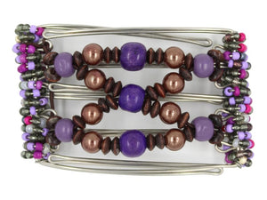 African Butterfly Wire Hair Clip - 5 Tong 442 - hair clip with purple and brown beads on a white background