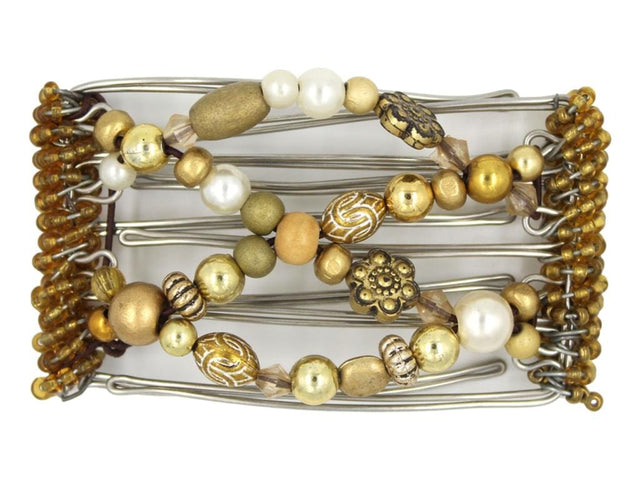 African Butterfly Wire Hair Clip - 5 Tong 443 - hair clip with gold and pearl beads on a white background