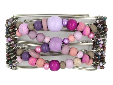 African Butterfly 5 Tong Wire Hair Clip 444 - purple beads on stainless steel wire, white background
