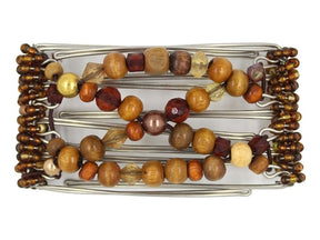 African Butterfly 5 Tong Wire Hair Clip 445 - natural wood beads on stainless steel wire, white background