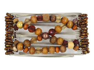 African Butterfly 5 Tong Wire Hair Clip 445 - natural wood beads on stainless steel wire, white background