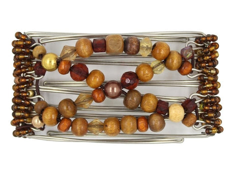 African Butterfly 5 Tong Wire Hair Clip 445 - natural wood beads on stainless steel wire, white background