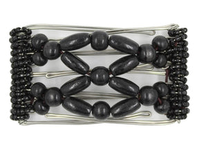 African Butterfly 5 Tong Wire Hair Clip 447 - all black wood beads on stainless steel wire, white background