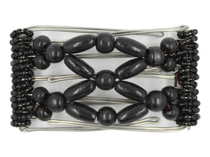 African Butterfly 5 Tong Wire Hair Clip 447 - all black wood beads on stainless steel wire, white background