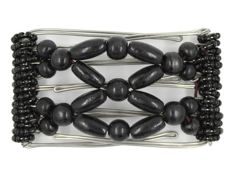 African Butterfly 5 Tong Wire Hair Clip 447 - all black wood beads on stainless steel wire, white background