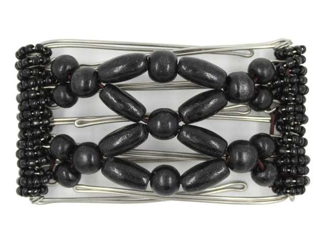 African Butterfly 5 Tong Wire Hair Clip 447 - all black wood beads on stainless steel wire, white background