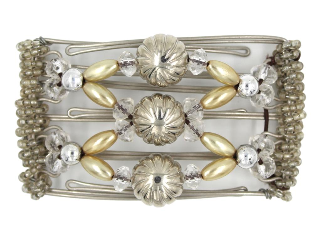 African Butterfly Wire Hair Clip - 5 Tong 448 - puffed silver, clear accent, champagne pearly, silver beads, white background