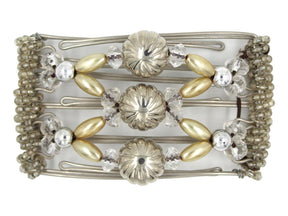 African Butterfly Wire Hair Clip - 5 Tong 448 - puffed silver, clear accent, champagne pearly, silver beads, white background