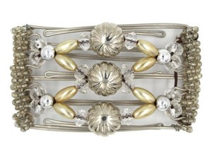 African Butterfly Wire Hair Clip - 5 Tong 448 - puffed silver, clear accent, champagne pearly, silver beads, white background